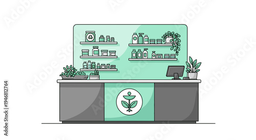 Modern Pharmacy Interior With Shelves of Products and Herbal Elements Vector Illustration