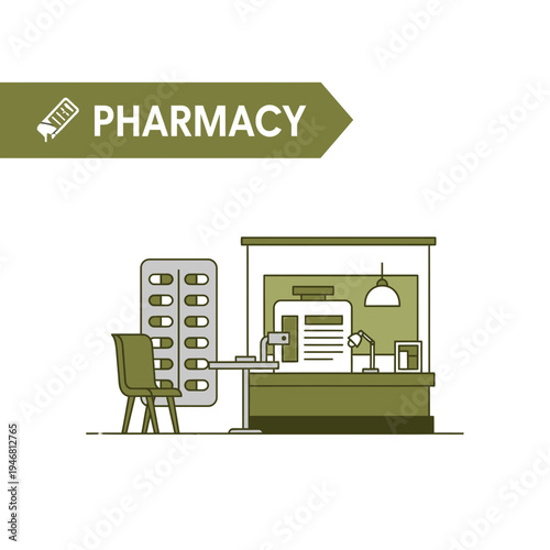 Modern Pharmacy Interior Illustration Depicting Healthcare and Medication Services for Clients