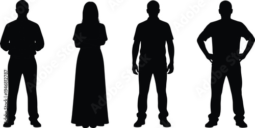 people silhouettes standing set including man in suit, woman in long dress and casual male figures, human character collection vector illustration isolated