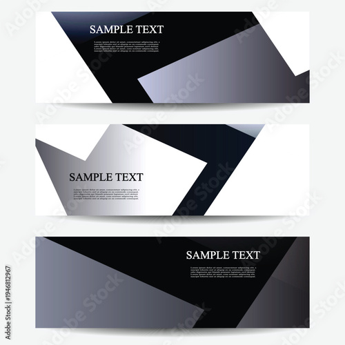 Geometric Black and Gray Banner or Header Set with Angular Abstract Shapes. Modern Vector Designs for Advertising, Branding, Business, Corporate Presentation and Creative Digital Media. 