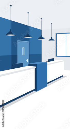 Modern Reception Area With Blue Accents Illuminated by Hanging Lights and Minimalist Design