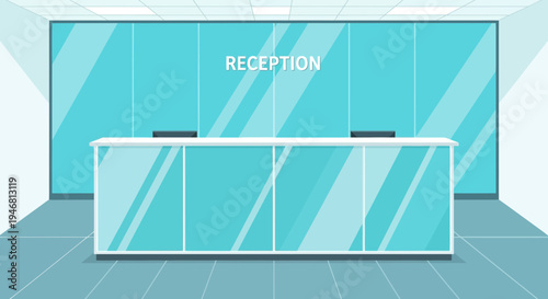 Modern Reception Desk Design in Bright Blue and White Colors with a Clear Glass View