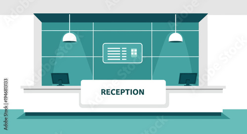 Modern Reception Desk Illustration With Computers And Office Interior Elements