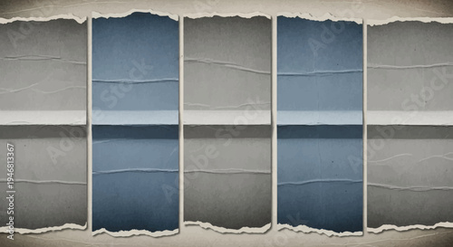Abstract torn paper collage with multiple framed windows revealing subtle blue and grey textures underneath, creating a layered and distressed background.