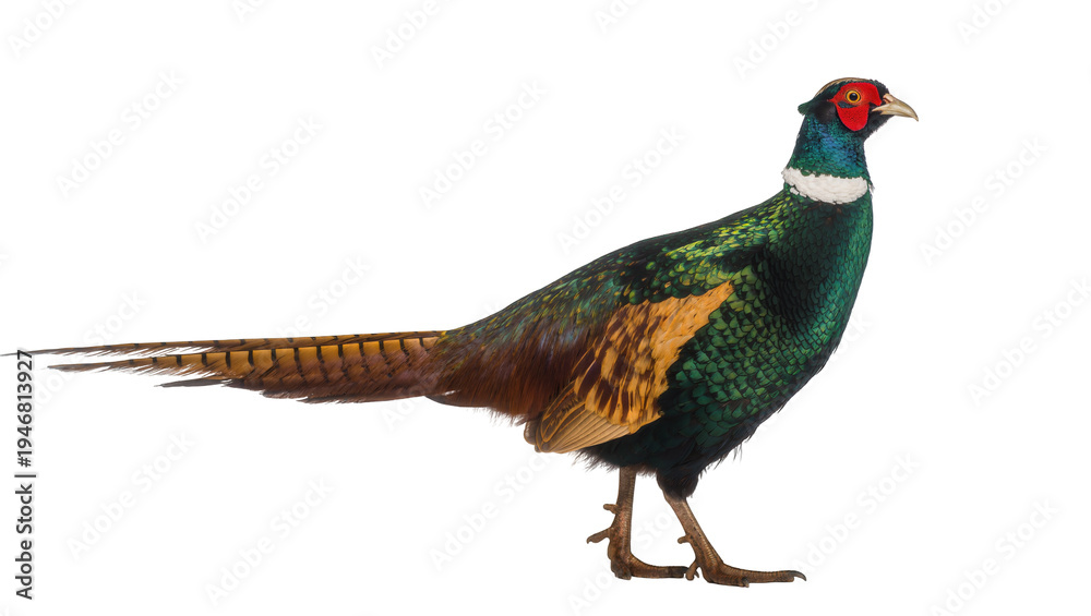 Fototapeta premium Isolated vibrant green and brown common pheasant, beautiful wild male bird in profile