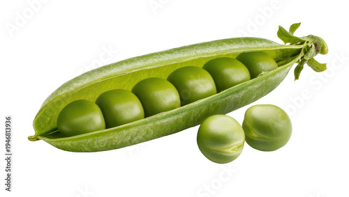 Photos Isolated open pea pod with fresh green garden peas and loose beans on the side