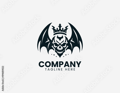 Crowned skull with bat wings in clean modern gothic fantasy vector illustration style