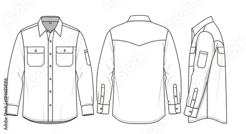 Technical Drawing of a Classic Western Shirt with Long Sleeves.
