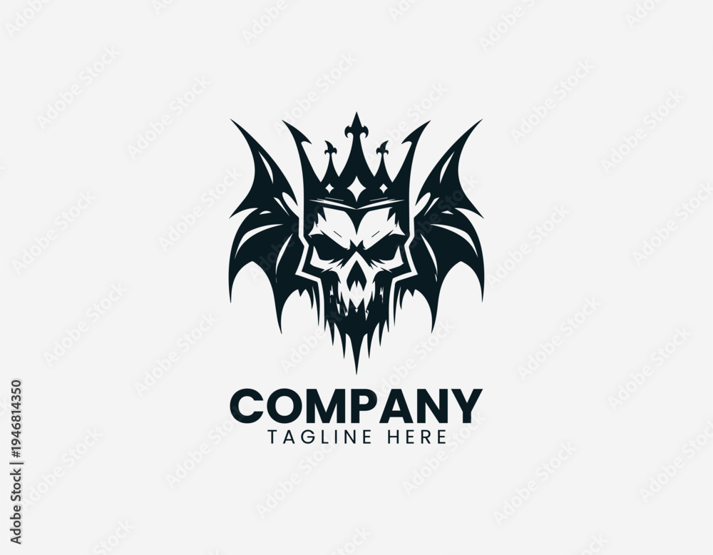 Obraz premium Crowned skull with bat wings in clean modern gothic fantasy vector illustration style