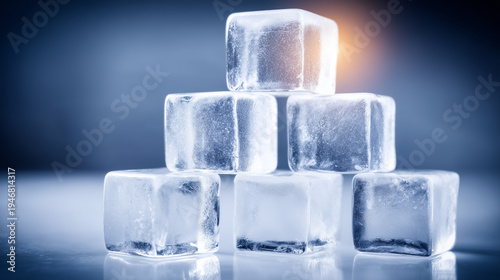 Stacked ice cubes arranged in a pyramid representing refrigeration, cooling efficiency, and frozen storage freshness.
