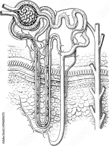 Victorian kidney nephron histology engraving vintage medical illustration