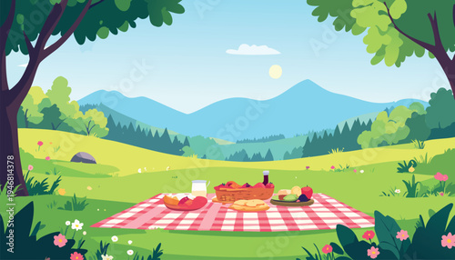 Summer picnic scene in the park with basket, food, salad, pie, and drink on a red blanket. Green trees, mountains, and blue sky in the background. Flat vector illustration in pastel tones. Vector