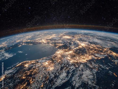 Stunning view of Europe at night from space with illuminated city lights outlining the continent under a starry sky and Earth's curved horizon visible above