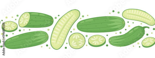 Horizontal pattern of fresh green cucumbers. Seamless border with whole and sliced vegetables