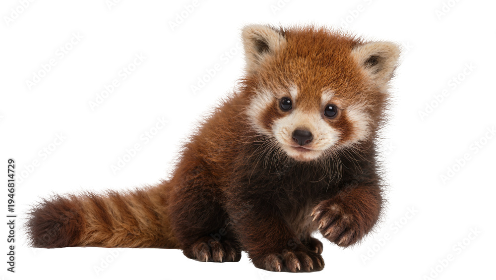 Obraz premium Isolated adorable fluffy baby red panda walking forward with curious expression