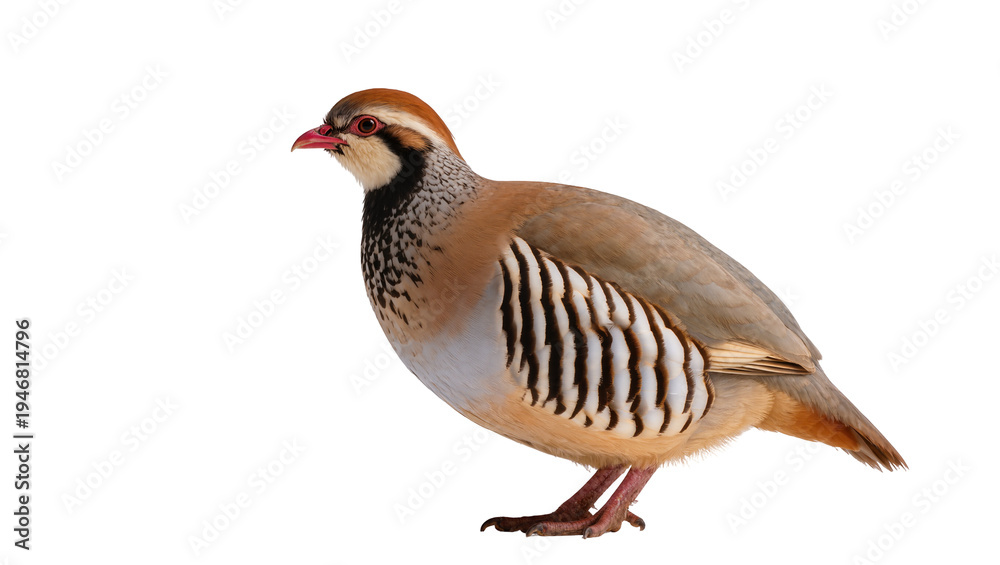 Obraz premium Isolated Chukar Partridge, beautiful game bird, side profile studio shot looking left