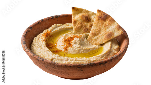 Tableau sur toile Isolated fresh creamy hummus in a rustic bowl with pita bread, olive oil, and pa
