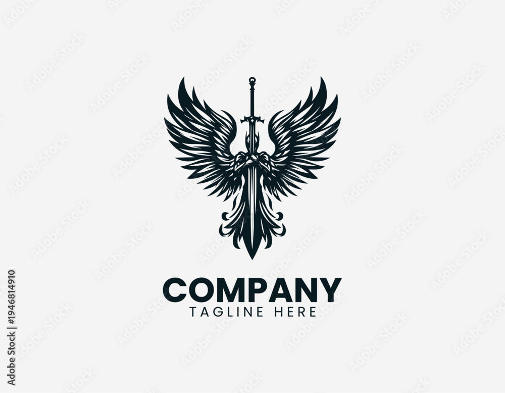 Obraz premium Winged warrior angel holding sword in clean modern fantasy guardian vector illustration style