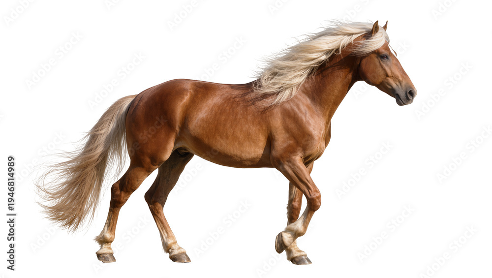 Obraz premium Isolated beautiful Palomino horse with flowing blonde mane and tail galloping gracefully