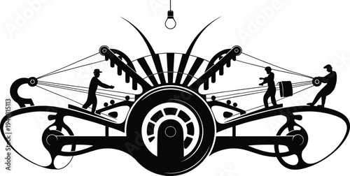 Abstract industrial machinery illustration with human workers operating gears, pulleys, and levers, symbolizing technology, mechanization, teamwork, innovation, and human relationship with machines
