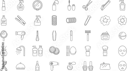 Black and white beauty and personal care line icons collection featuring makeup, skincare, grooming, haircare tools, cosmetic accessories, spa essentials, and wellness products
