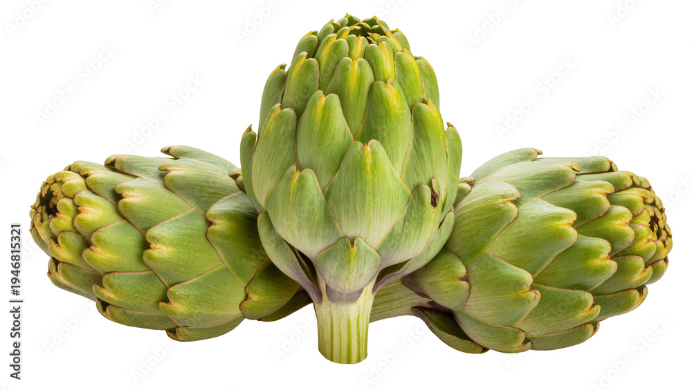 Fototapeta premium Isolated group of three fresh green whole artichokes, healthy cooking ingredient or delicious vegetable
