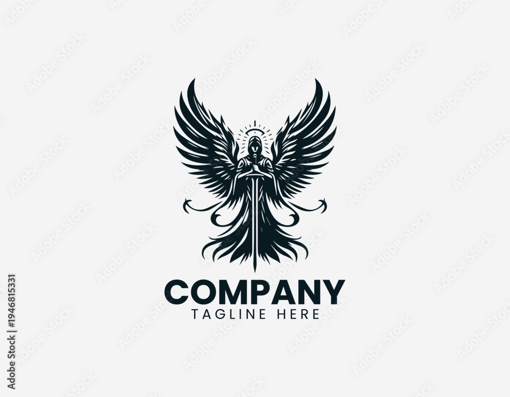 Fototapeta premium Winged warrior angel holding sword in clean modern fantasy guardian vector illustration style