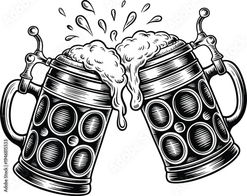 Black and white illustration of ornate beer steins clinking together in celebratory toast with frothy foam splash, symbolizing Oktoberfest party, friendship, camaraderie, and festive gatherings