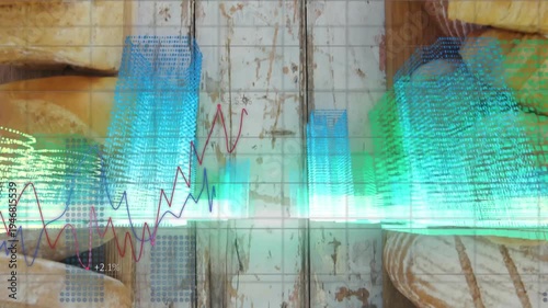 Animation of data processing over bread on wooden background