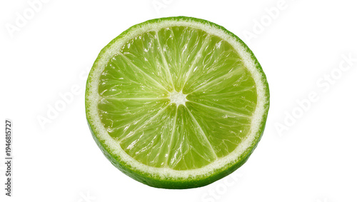 Isolated vibrant green fresh lime citrus fruit slice cross section, juicy and healthy ingredient