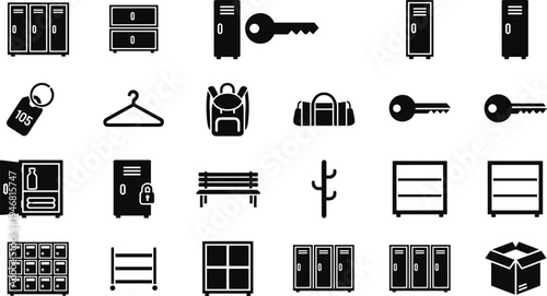 Black and white locker room storage icons set featuring cabinets, lockers, keys, bags, hangers, benches, and organizational furniture for gym, school, office, and fitness facility design.