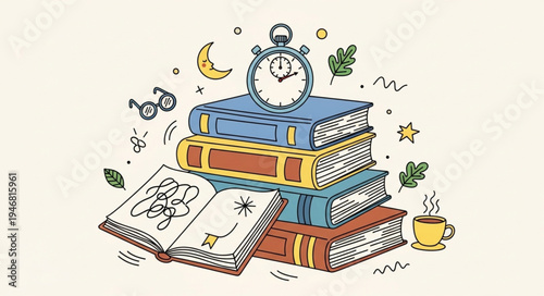 Stack of books with a stopwatch and open notebook.