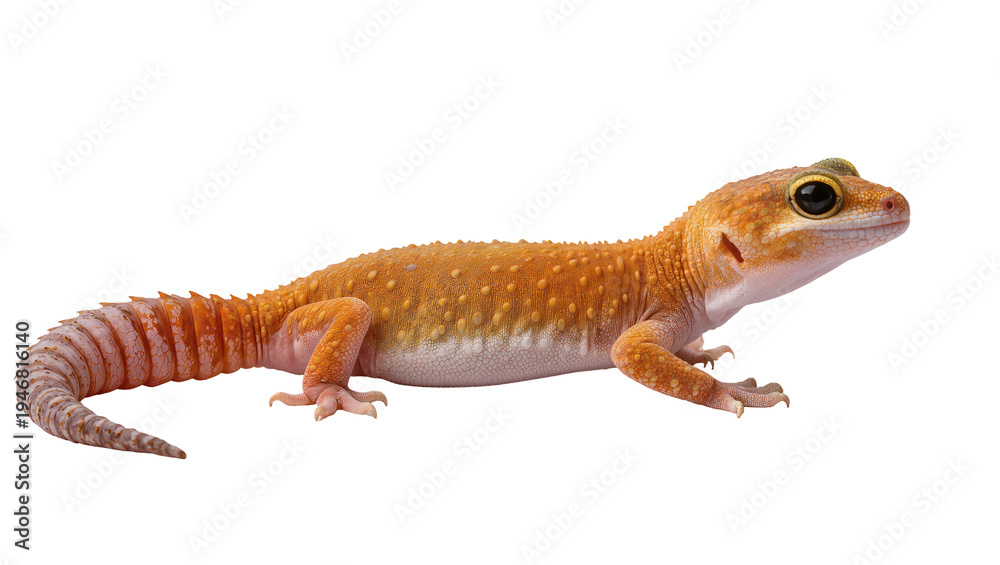 Fototapeta premium Isolated stunning vibrant orange leopard gecko, a popular exotic pet lizard, in profile