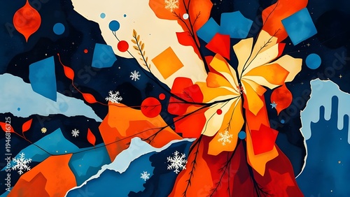 Abstract winter floral composition with geometric shapes and snowflakes. Colorful modern illustration with botanical elements and bold contrast.