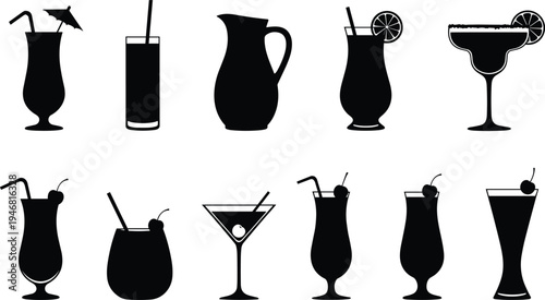 Black silhouette icons of cocktail glasses, pitcher, and beverages with garnishes including straws, umbrellas, cherries, citrus slices, arranged in two rows for design use