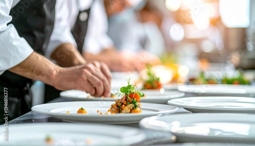 プロのキッチンで白い皿に料理を丁寧に盛り付けるシェフの手のクローズアップ