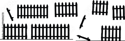 Broken and leaning wooden picket fence segments scattered in disrepair, symbolizing decay, damage, neglect, and maintenance issues in outdoor property or garden structures