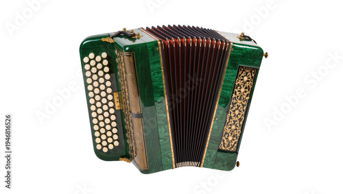 Isolated beautiful vintage green accordion musical instrument with decorative gold accents and rich wood grain.
