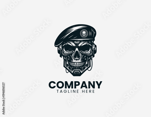 Military skull wearing beret black vector logo illustration isolated on white background