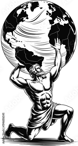 Classical mythological Atlas figure kneeling with globe on shoulders, symbolizing strength, endurance, burden, resilience, ancient Greek mythology illustration, black and white detailed artwork