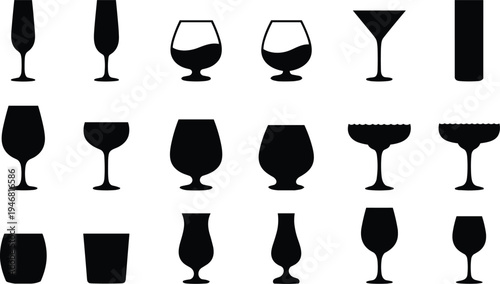 Collection of 16 black silhouette drinking glasses icons in grid set, wine glass, champagne flute, cocktail tumbler, margarita snifter barware illustration