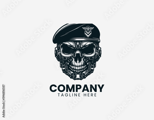 Military skull wearing beret black vector logo illustration isolated on white background