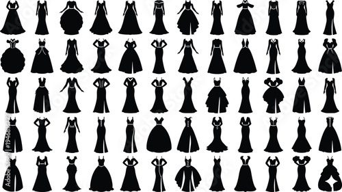 Collection of 60 elegant black dress silhouette designs showcasing diverse evening gowns, ball gowns, mermaid styles, A-line dresses, and fashion inspiration for formal wear