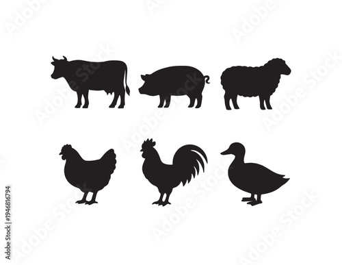 A pixelated illustration of three different farm animals standing side by side. Vector