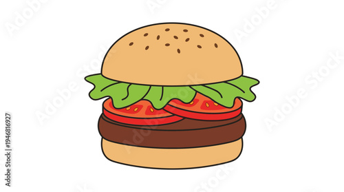 Flat vector illustration of a burger with lettuce and tomato, simple shapes, clean outline