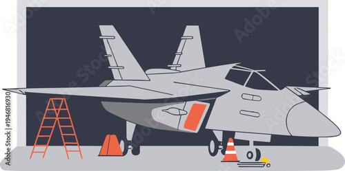 Military jet fighter aircraft is being serviced on the runway with safety cones.