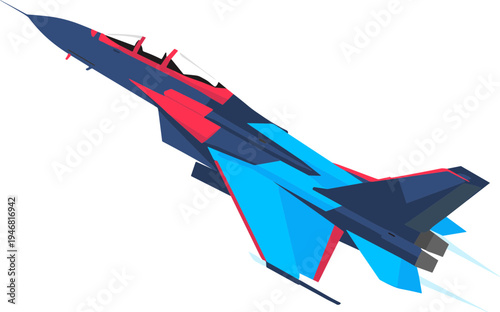 A sleek fighter jet soars through the sky with vibrant blue and red design.