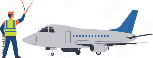 A ground crew member guides a passenger airplane on the tarmac.