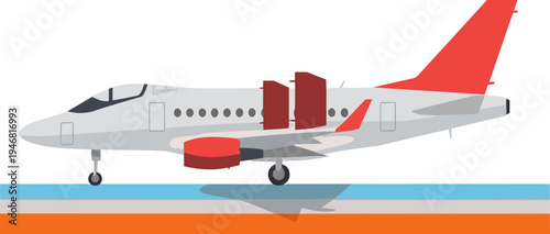 Airplane illustration of a white and red commercial airliner on the runway.