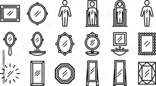 Collection of black and white line icons featuring diverse mirror styles, human reflection figures, decorative frames, vanity designs, handheld and wall-mounted mirrors illustration